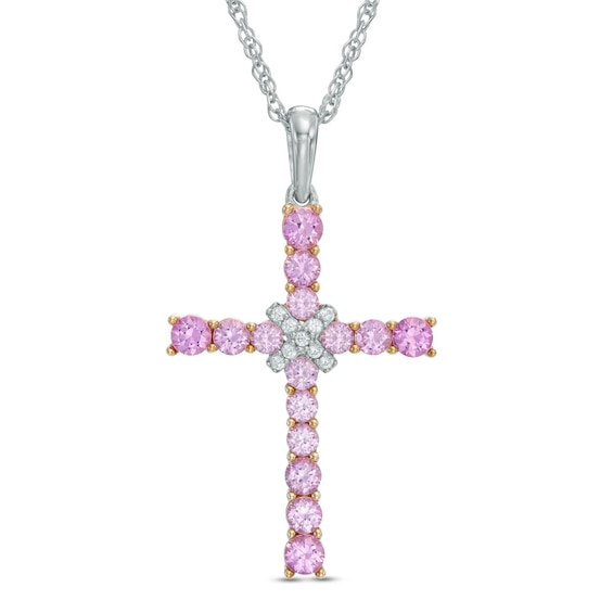Lab-Created Pink and White Sapphire Cross Pendant in Sterling Silver
