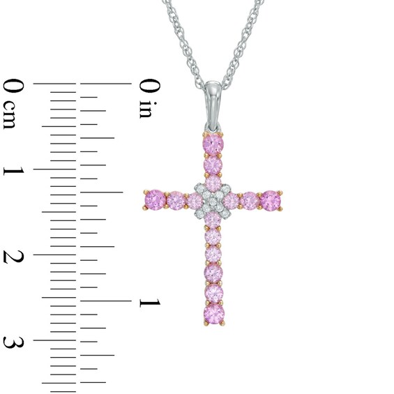 Lab-Created Pink and White Sapphire Cross Pendant in Sterling Silver