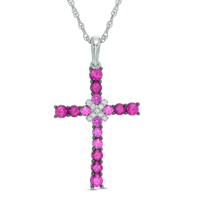 Lab-Created Ruby and White Sapphire Cross Pendant in Sterling