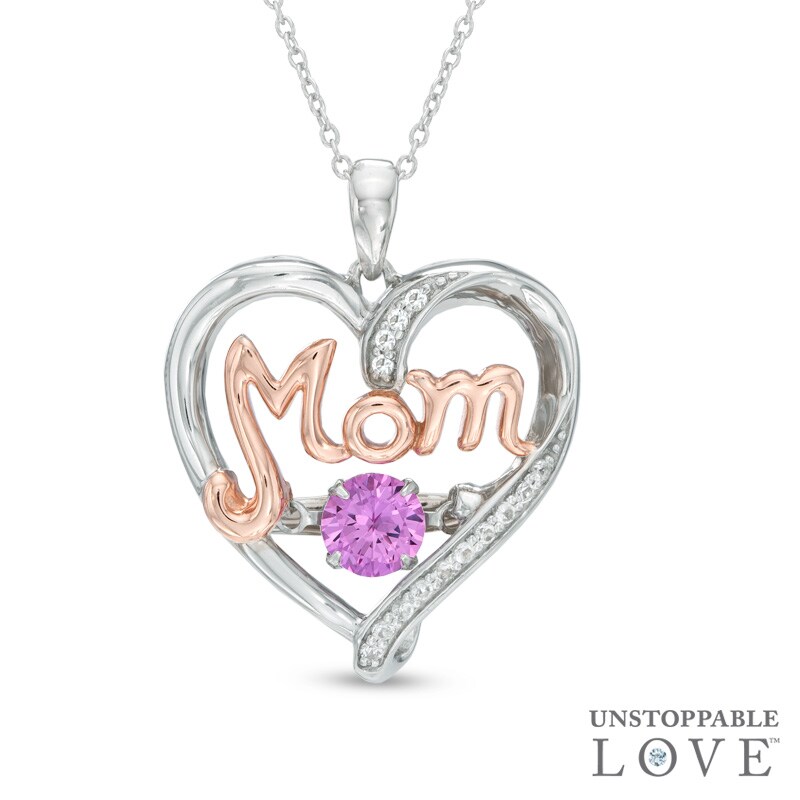 Lab-Created Pink and White Sapphire MOM Heart Pendant in Sterling Silver and 14K Rose Gold Plate