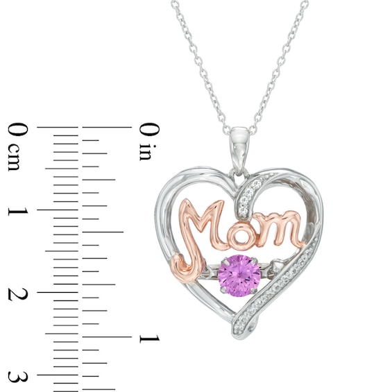Lab-Created Pink and White Sapphire MOM Heart Pendant in Sterling Silver and 14K Rose Gold Plate