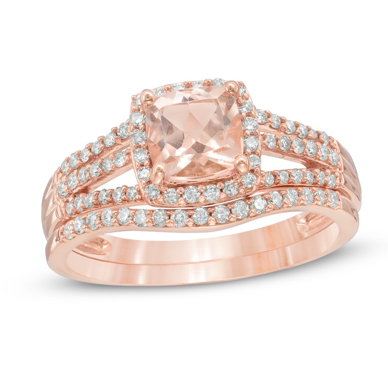 6.0mm Cushion-Cut Morganite and 1/3 CT. T.W. Diamond Frame Bridal Set in 14K Rose Gold
