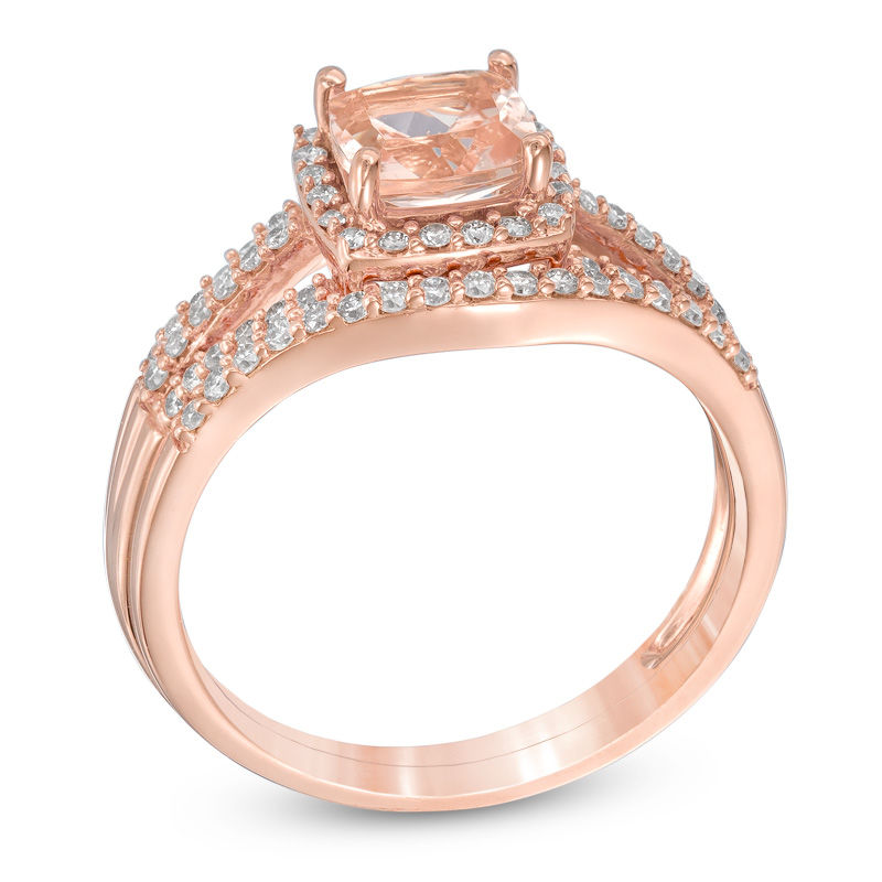 6.0mm Cushion-Cut Morganite and 1/3 CT. T.W. Diamond Frame Bridal Set in 14K Rose Gold