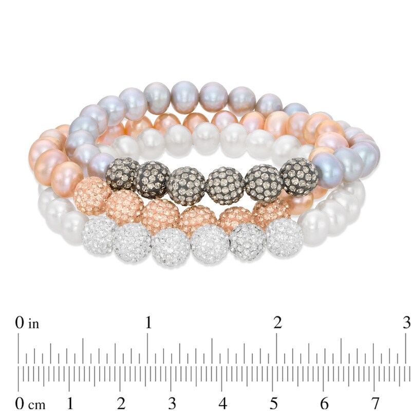 7.0mm White and Dyed Pink and Grey Cultured Freshwater Pearl and Crystal Bead Stretch Bracelet Set - 7.25"