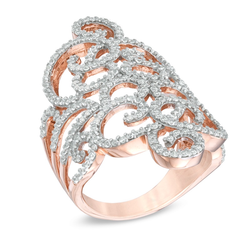 Lab-Created White Sapphire Large Scroll Ring in Sterling Silver with 14K Rose Gold Plate