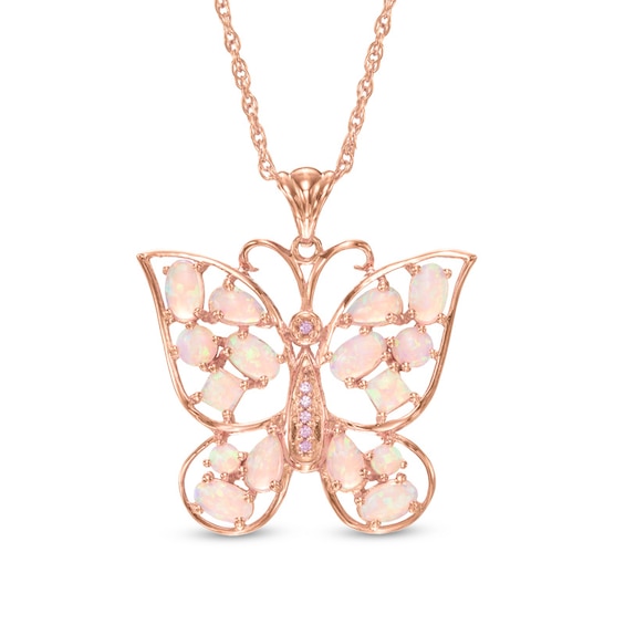 Lab-Created Pink Opal and Pink Sapphire Butterfly Pendant in Sterling Silver with 14K Rose Gold Plate