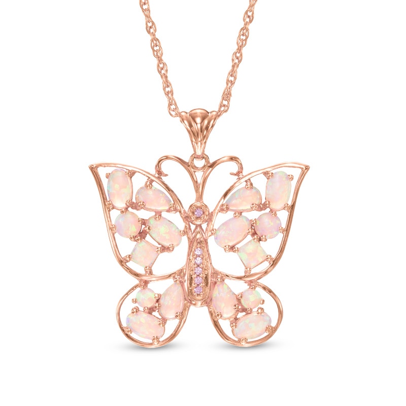 Main Image 1 of Lab-Created Pink Opal and Pink Sapphire Butterfly Pendant in Sterling Silver with 14K Rose Gold Plate