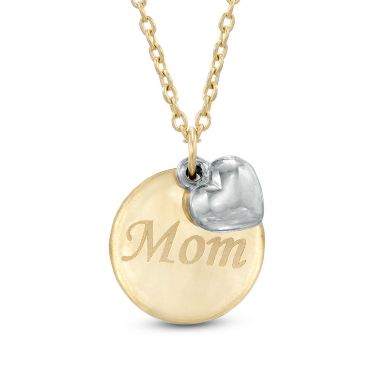 Main Image 1 of "MOM" Disc with Heart Charm Pendant in 10K Two-Tone Gold