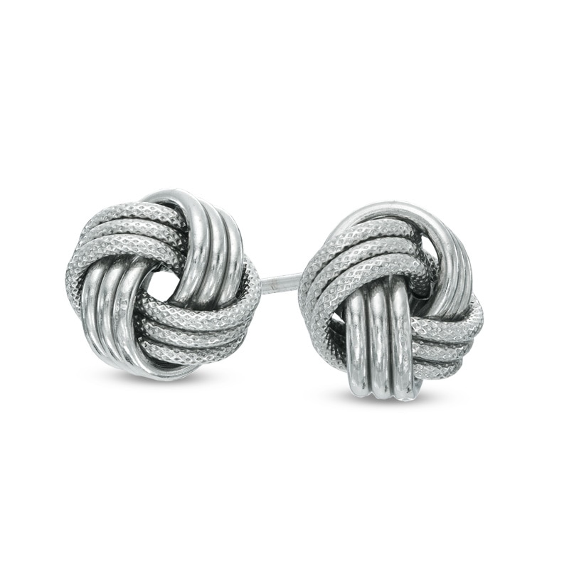 Main Image 1 of Small Polished and Textured Love Knot Stud Earrings in 10K White Gold