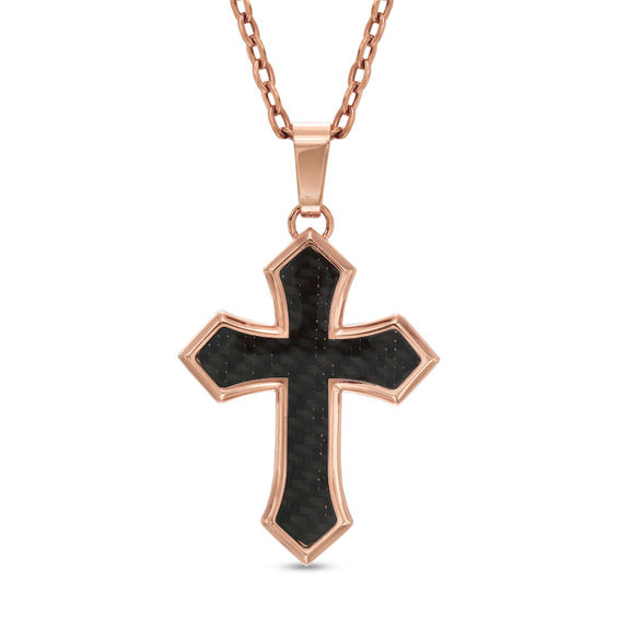 Men's Black Carbon Fiber Cross Pendant in Stainless Steel with Rose IP - 22"