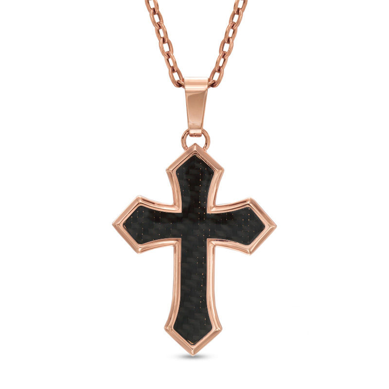 Main Image 1 of Men's Black Carbon Fiber Cross Pendant in Stainless Steel with Rose IP - 22"