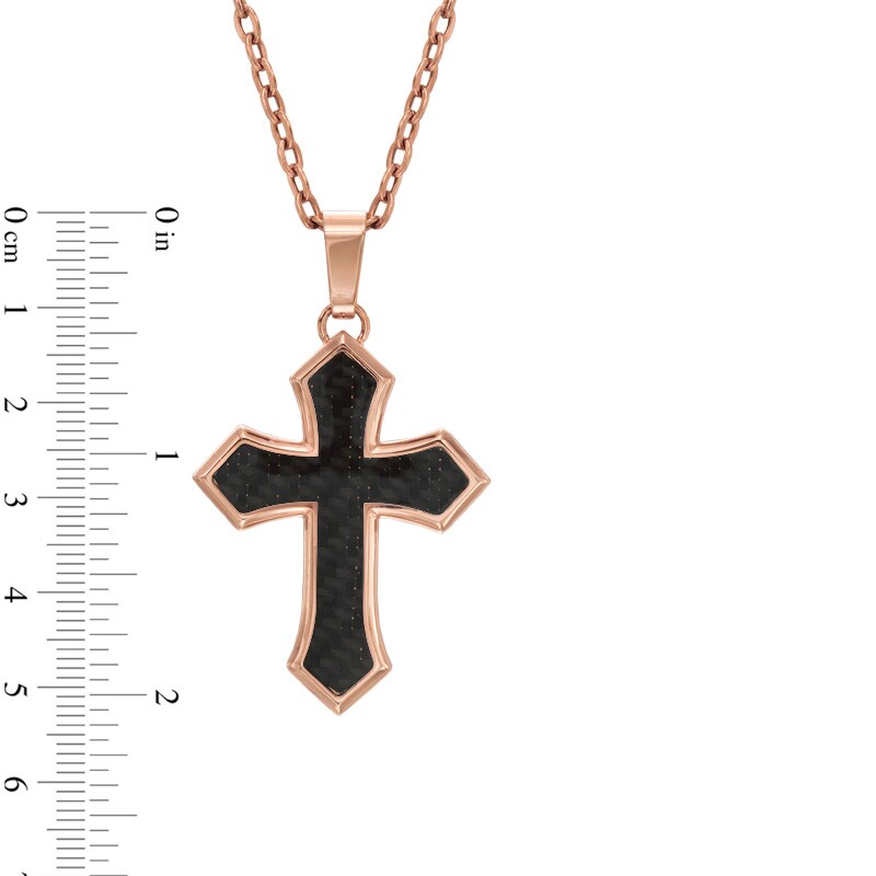 Main Image 2 of Men's Black Carbon Fiber Cross Pendant in Stainless Steel with Rose IP - 22"
