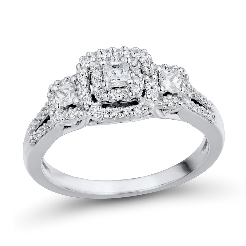 Main Image 1 of 1/2 CT. T.W. Princess-Cut Diamond Past Present Future® Split Shank Ring in 14K White Gold