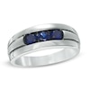 Thumbnail Image 0 of Men's Lab-Created Blue Sapphire Three Stone Ring in Sterling Silver