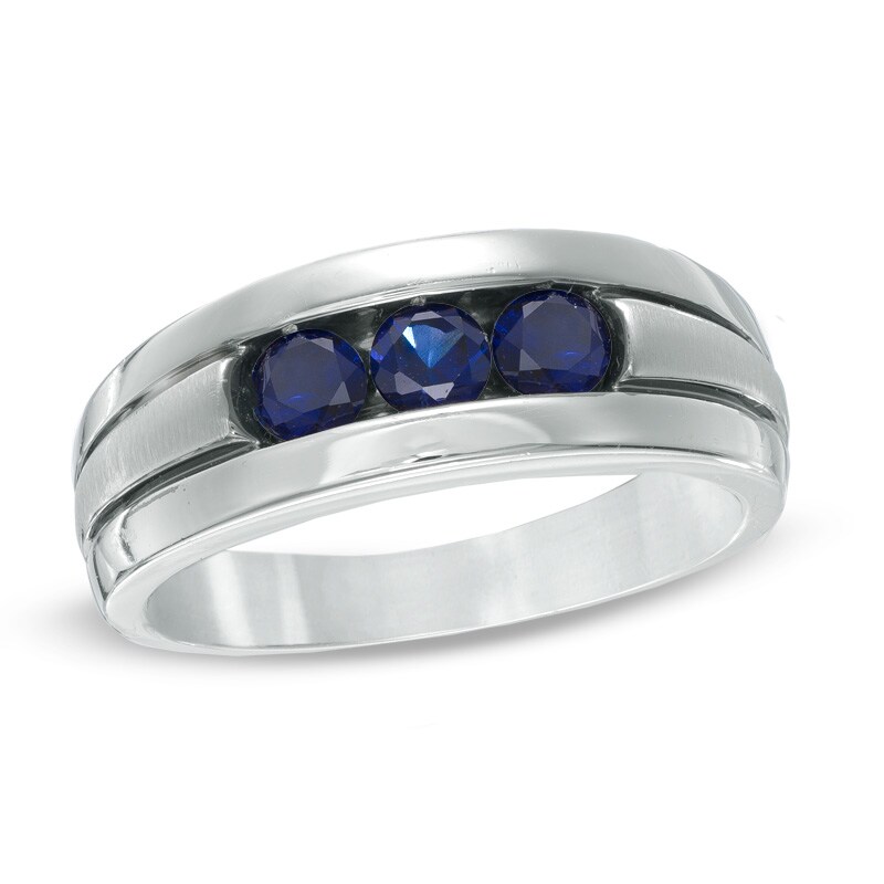 Main Image 1 of Lab-Created Blue Sapphire Three Stone Ring in Sterling Silver
