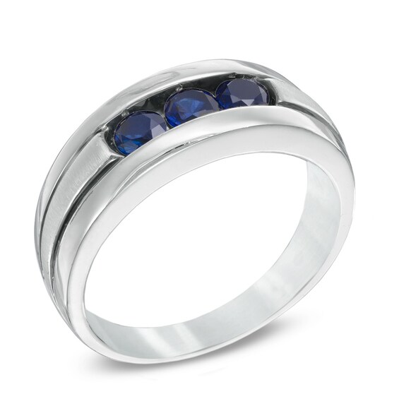 Lab-Created Blue Sapphire Three Stone Ring in Sterling Silver