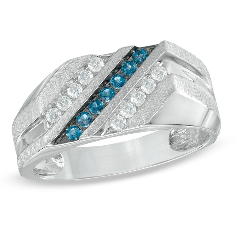 Men's 3/8 CT. T.W. Enhanced Blue and White Diamond Slant Ring in Sterling Silver