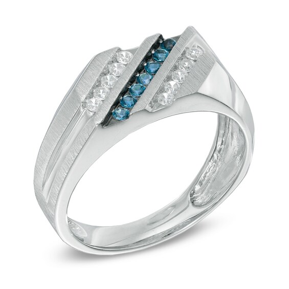 3/8 CT. T.w. Enhanced Blue and White Diamond Slant Ring in Sterling Silver
