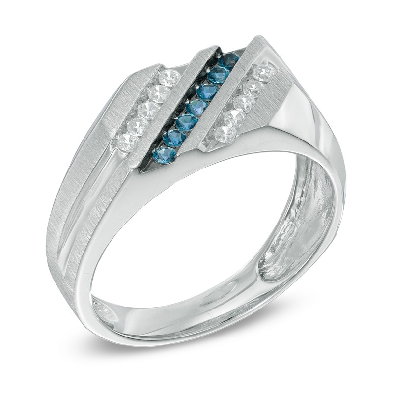 Men's 3/8 CT. T.W. Enhanced Blue and White Diamond Slant Ring in Sterling Silver