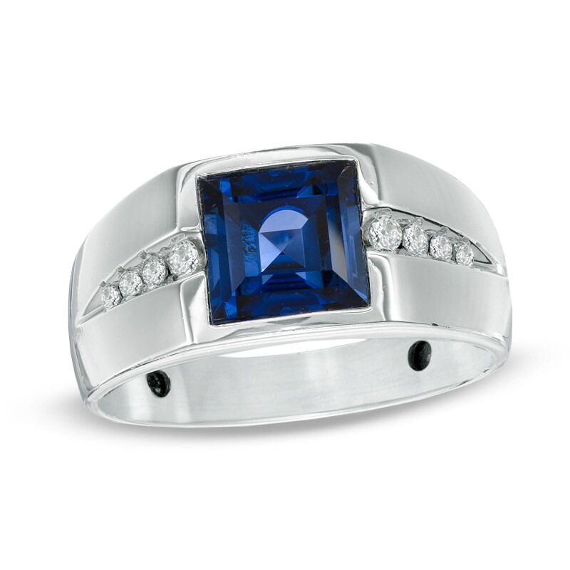 Main Image 1 of 8.0mm Square-Cut Ceylon Sapphire and 1/5 CT. T.W. Diamond Ring in Sterling Silver