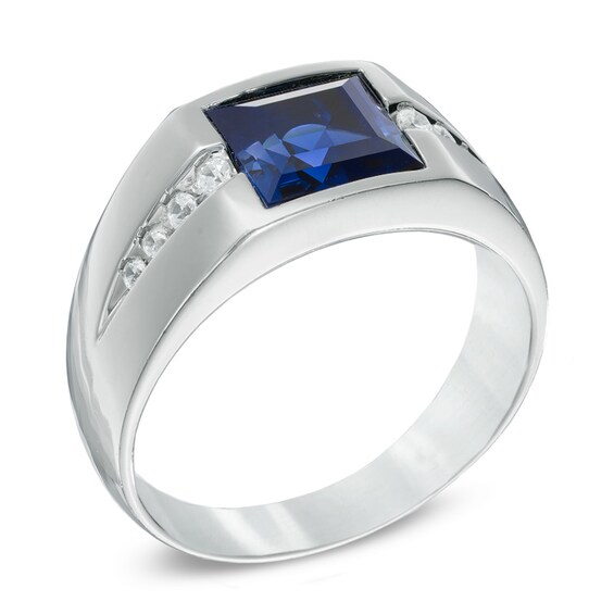 8.0mm Square-Cut Ceylon Sapphire and 1/5 CT. T.w. Diamond Ring in Sterling Silver