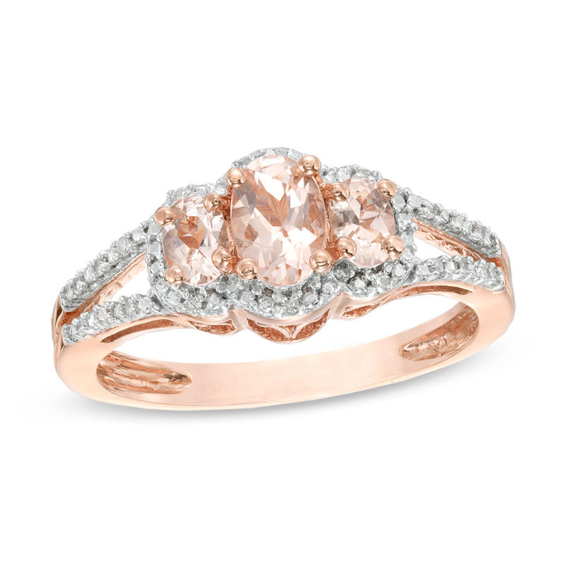 Main Image 1 of Oval Morganite and Diamond Accent Three Stone Ring in 10K Rose Gold