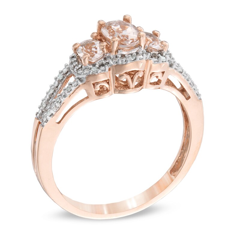 Main Image 2 of Oval Morganite and Diamond Accent Three Stone Ring in 10K Rose Gold