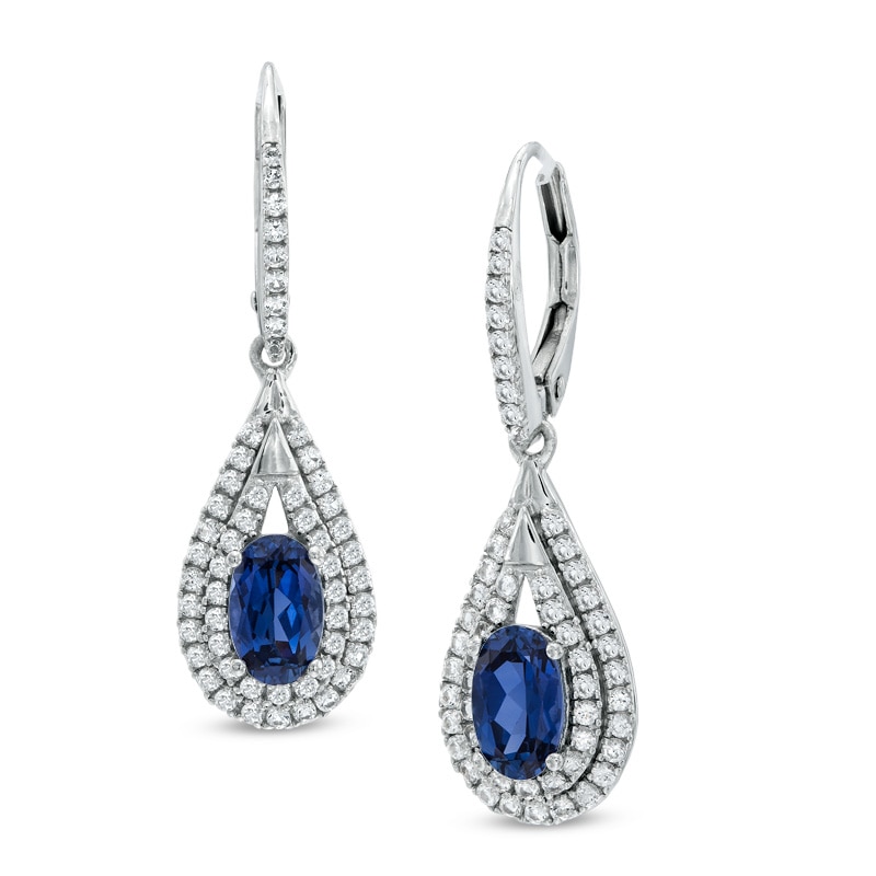 Main Image 1 of Pear-Shaped Lab-Created Blue and White Sapphire Frame Drop Earrings in Sterling Silver