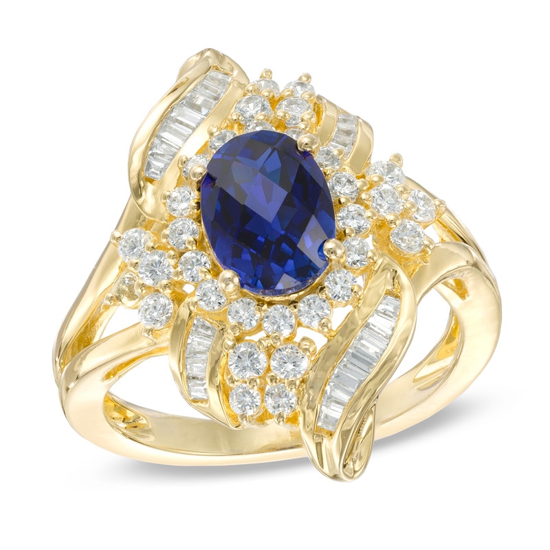Main Image 1 of Oval Lab-Created Blue Sapphire and White Sapphire Ring in 10K Gold