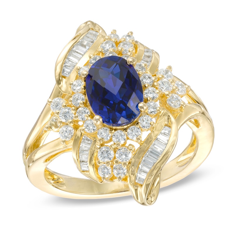 Oval Lab-Created Blue Sapphire and White Sapphire Ring in 10K Gold