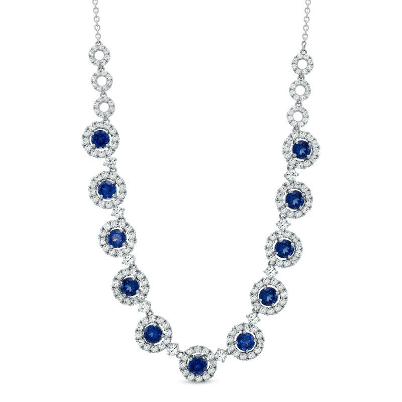 Main Image 1 of 5.0mm Lab-Created Blue and White Sapphire Frame Necklace in Sterling Silver - 16"