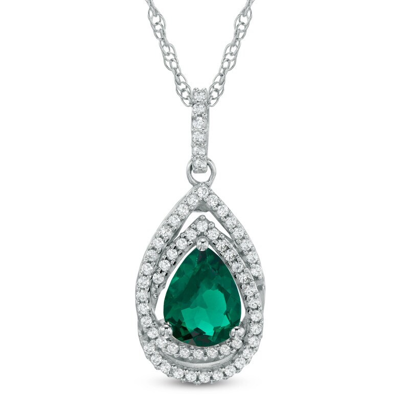 Main Image 1 of Pear-Shaped Lab-Created Emerald and White Sapphire Swirl Frame Pendant in Sterling Silver