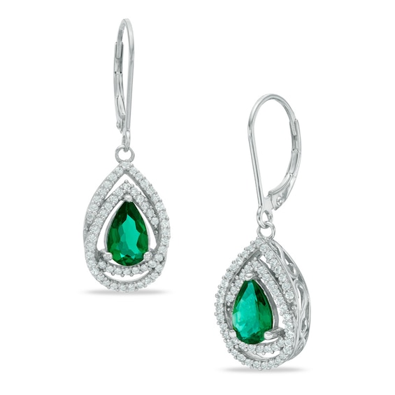 Pear-Shaped Lab-Created Emerald and White Sapphire Frame Drop Earrings in Sterling Silver