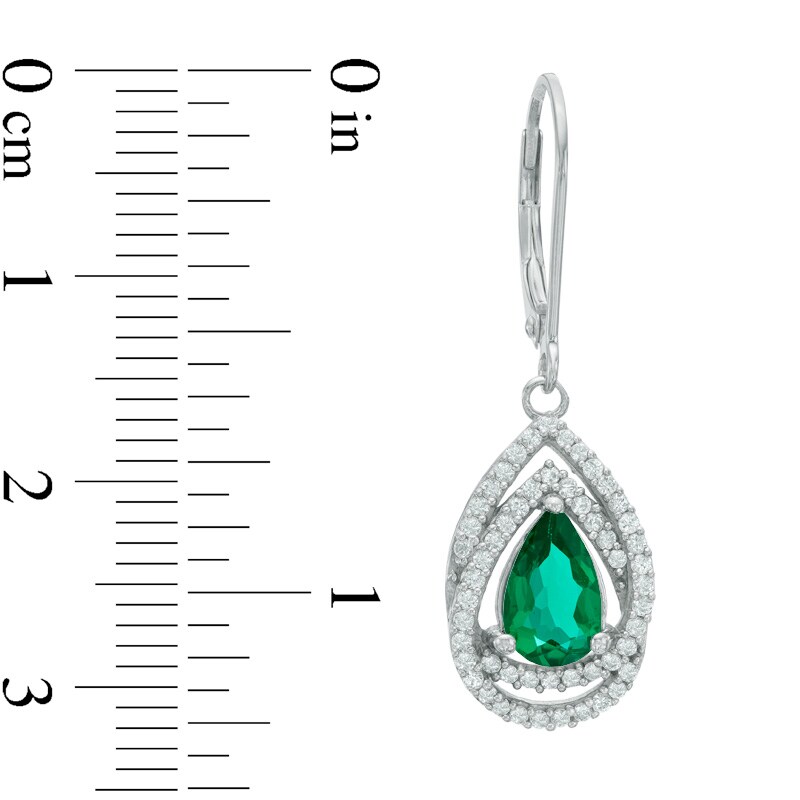 Main Image 2 of Pear-Shaped Lab-Created Emerald and White Sapphire Frame Drop Earrings in Sterling Silver