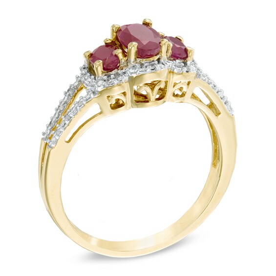 Oval Ruby and Diamond Accent Three Stone Ring in 10K Gold