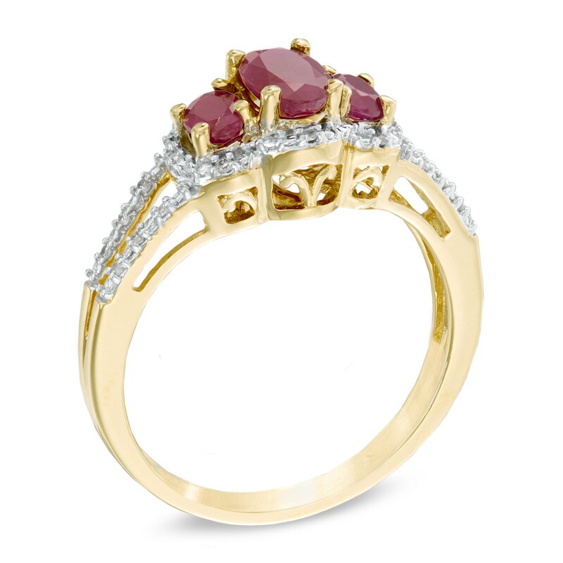 Main Image 2 of Oval Ruby and Diamond Accent Three Stone Ring in 10K Gold