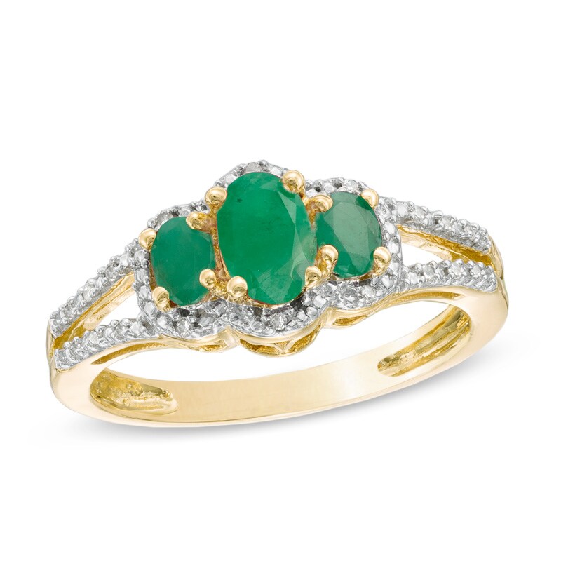 Main Image 1 of Oval Emerald and Diamond Accent Three Stone Ring in 10K Gold