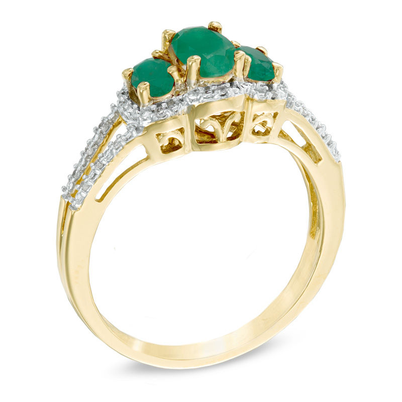Main Image 2 of Oval Emerald and Diamond Accent Three Stone Ring in 10K Gold