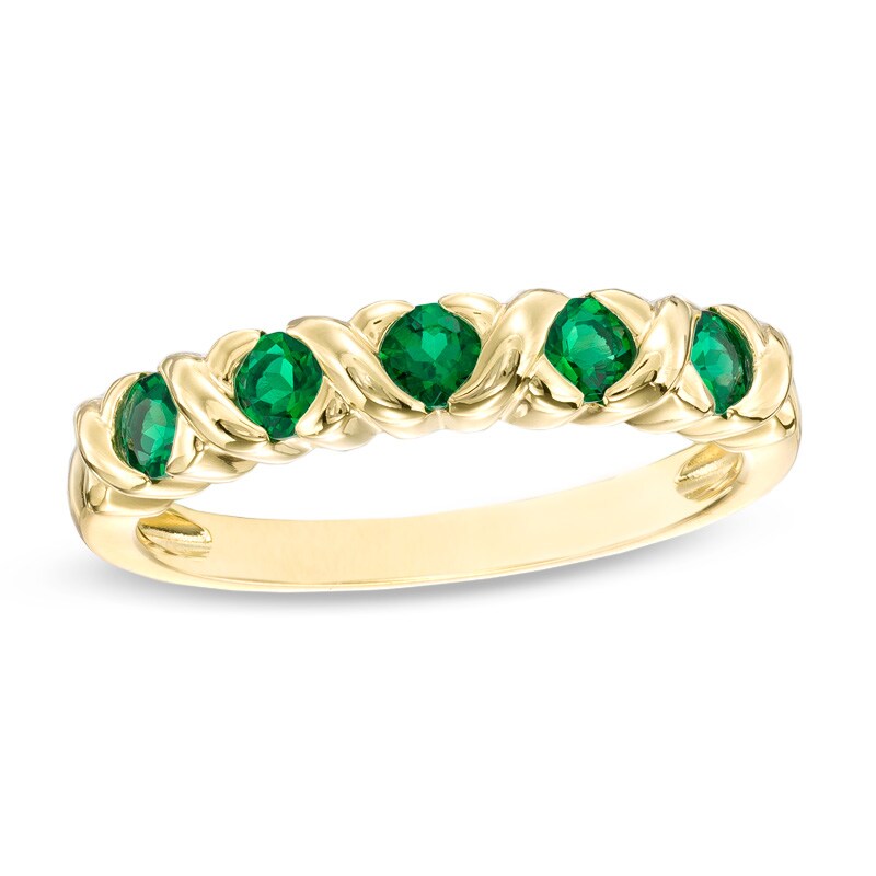 Main Image 1 of Lab-Created Emerald Criss-Cross Five Stone Ring in 10K Gold
