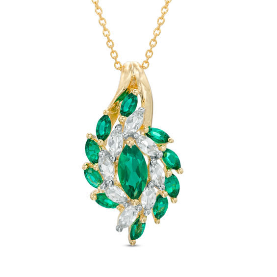 Marquise-Cut Lab-Created Emerald and White Sapphire Spray Pendant in Sterling Silver with 14K Gold Plate