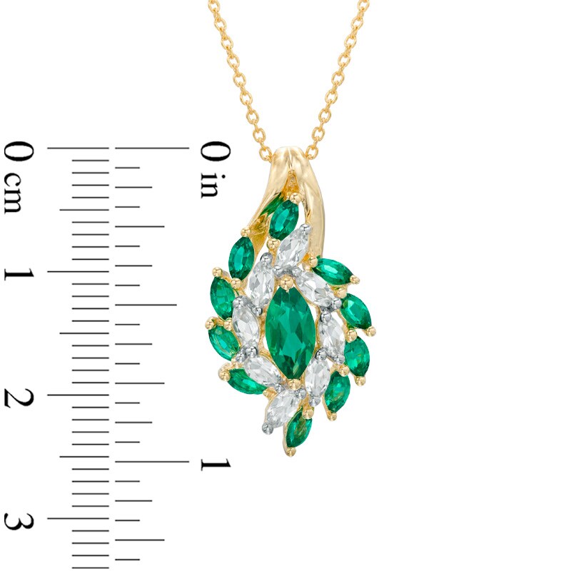 Main Image 2 of Marquise-Cut Lab-Created Emerald and White Sapphire Spray Pendant in Sterling Silver with 14K Gold Plate