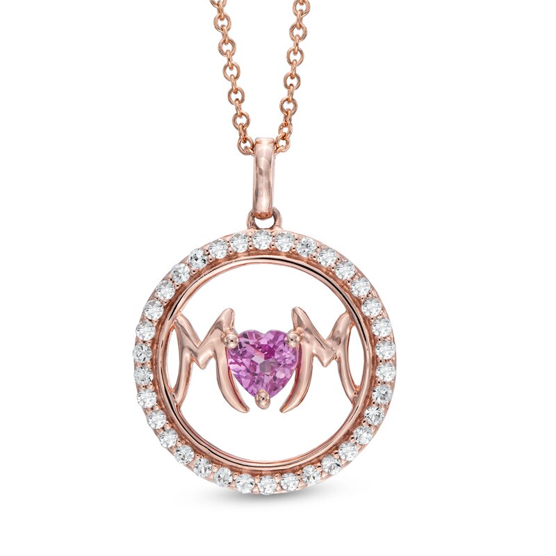 Main Image 1 of 5.0mm Heart-Shaped Lab-Created Pink and White Sapphire "MOM" Frame Pendant in Sterling Silver and 14K Rose Gold Plate