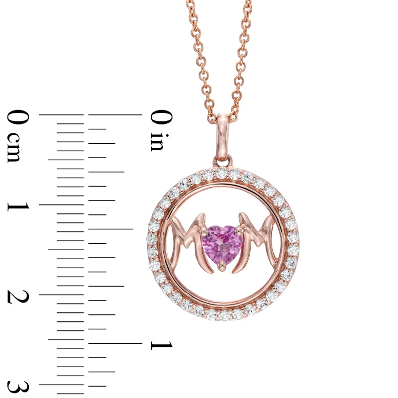 Main Image 2 of 5.0mm Heart-Shaped Lab-Created Pink and White Sapphire "MOM" Frame Pendant in Sterling Silver and 14K Rose Gold Plate