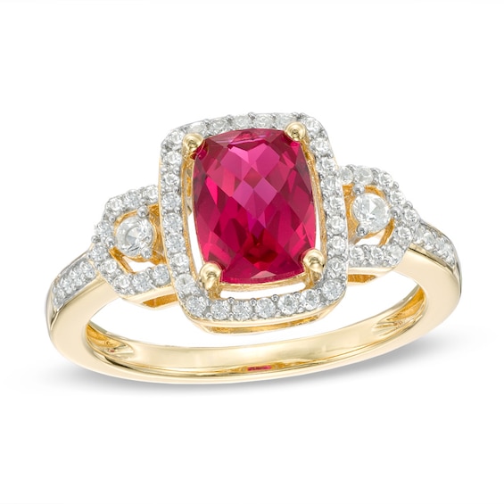 Cushion-Cut Lab-Created Ruby and White Sapphire Frame Vintage-Style Ring in 10K Gold