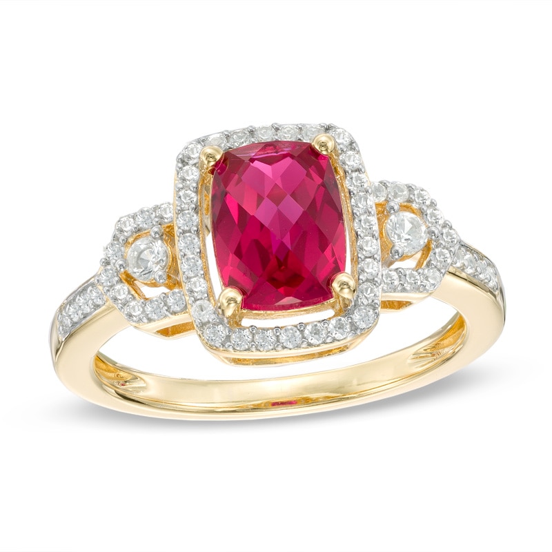 Main Image 1 of Cushion-Cut Lab-Created Ruby and White Sapphire Frame Vintage-Style Ring in 10K Gold