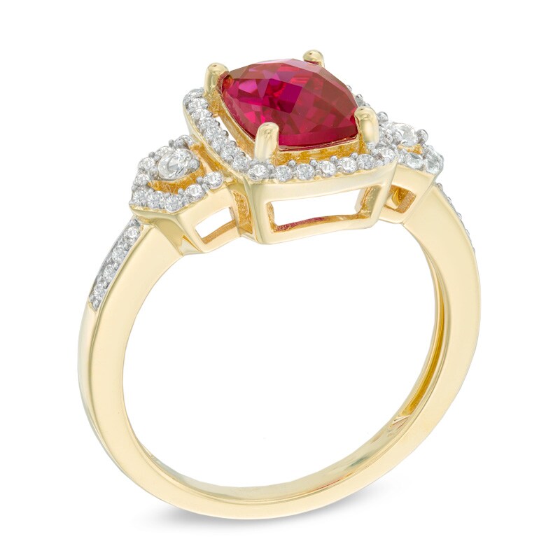 Main Image 2 of Cushion-Cut Lab-Created Ruby and White Sapphire Frame Vintage-Style Ring in 10K Gold