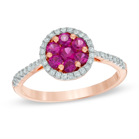 Lab-Created Ruby and White Sapphire Frame Flower Ring in 10K Rose Gold