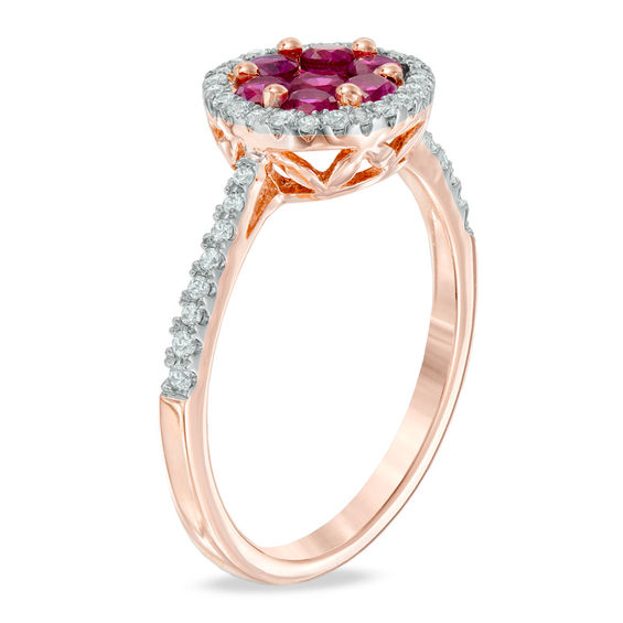 Lab-Created Ruby and White Sapphire Frame Flower Ring in 10K Rose Gold