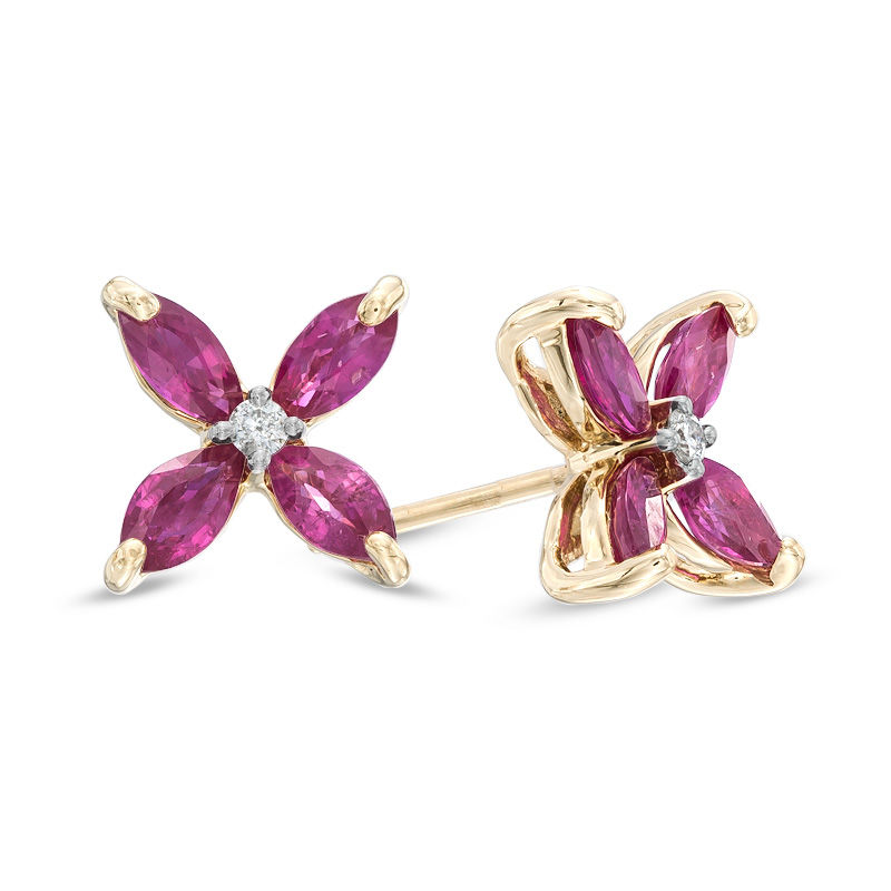 Marquise-Cut Lab-Created Ruby and White Sapphire Flower Stud Earrings in Sterling Silver