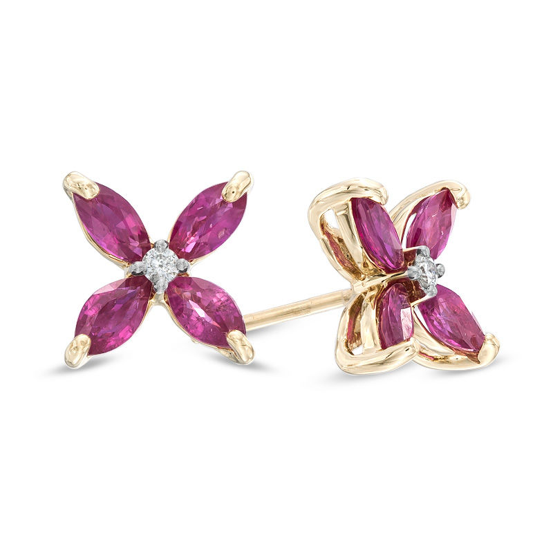 Main Image 1 of Marquise-Cut Lab-Created Ruby and White Sapphire Flower Stud Earrings in Sterling Silver
